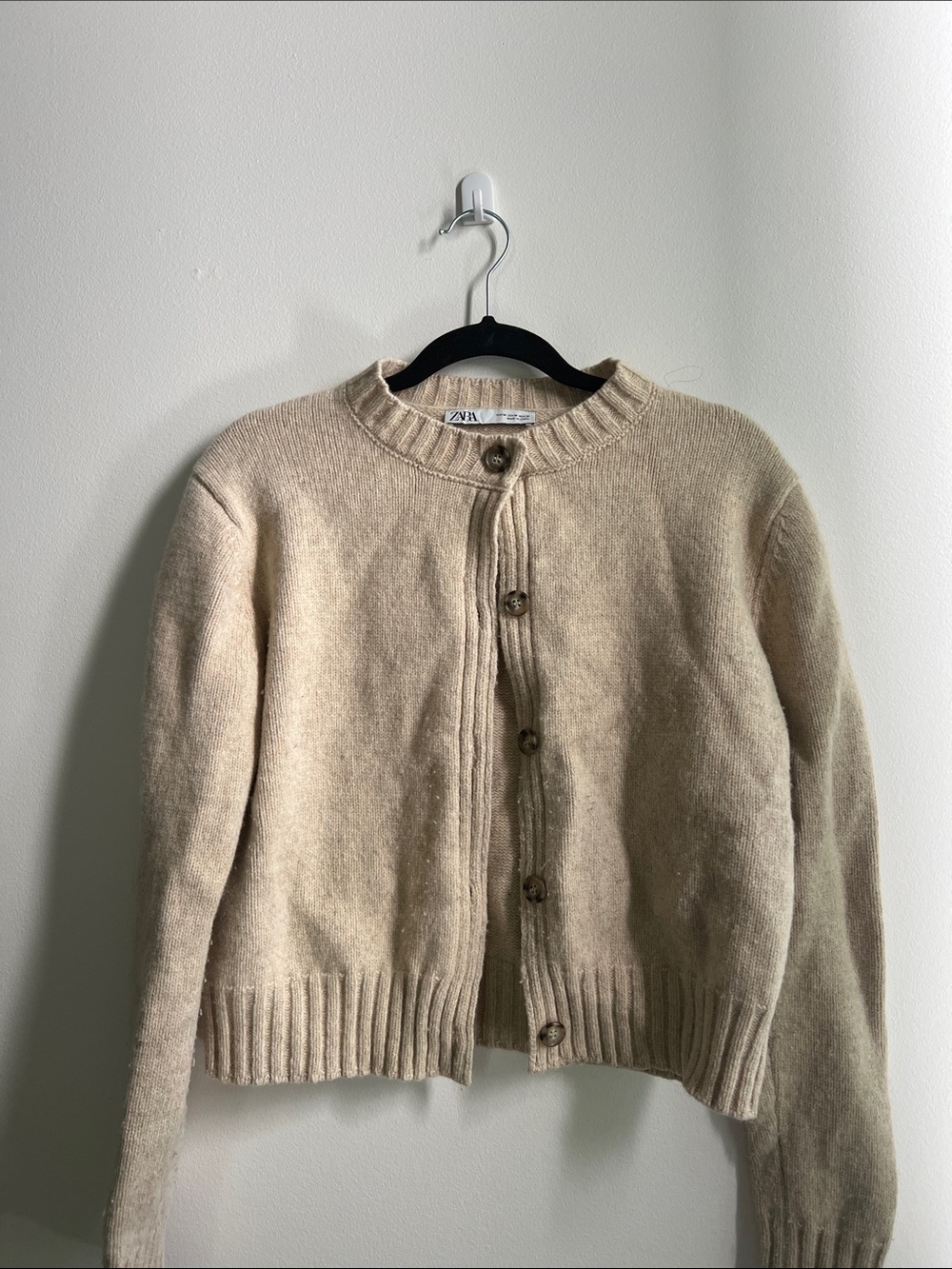 Zara Cream Button-Front Knit Cardigan Sweater 100% wool